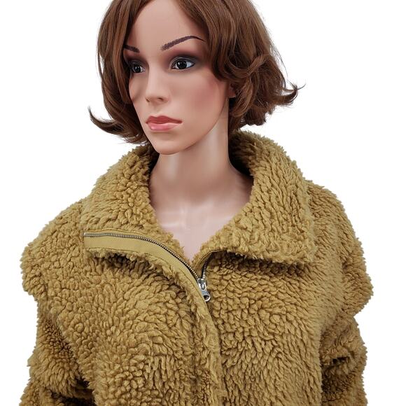 PacSun Teddy Jacket Faux Fur Sherpa Fleece Full zip up Lined Oversized Tan M L - Picture 8 of 10
